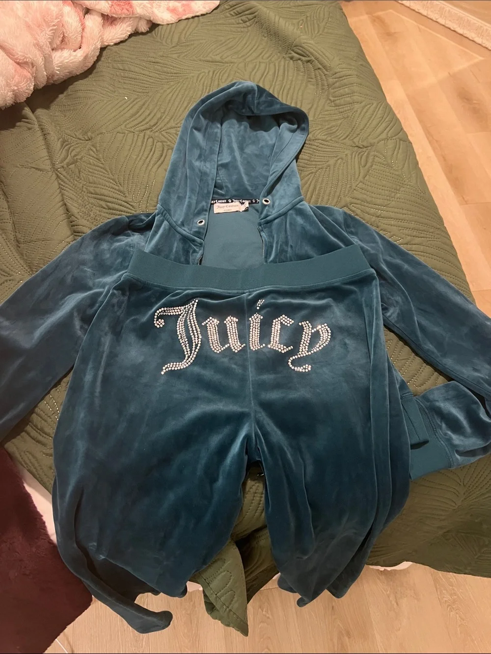 Juicy Couture Teal Velour Hoodie & Pants Set with Rhinestone 'Juicy' Logo